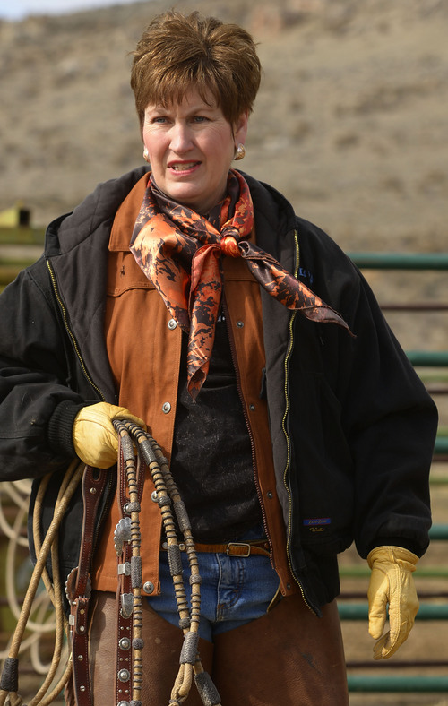 Leah Hogsten  |  The Salt Lake Tribune
LuAnn Adams holds tack for her horse before going on a short ride with her family on their ranch in Promontory, Saturday, February 22, 2014. The former Box Elder County Commissioner, LuAnn Adams, is the new commissioner of Agriculture for Utah and the first woman to hold the post. Adams is a self-described cowgirl whose favorite thing is to ride horses, travel in an antique buckboard wagon and cook Sunday dinners for her five children and 12 grandchildren.