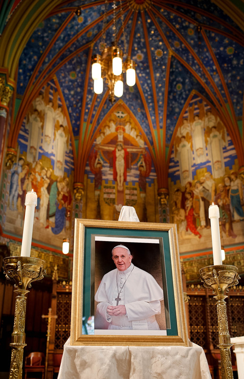 Trent Nelson  |  The Salt Lake Tribune
A portrait of Pope Francis on display at a Mass to pray for him at the Cathedral of the Madeleine, Tuesday, March 19, 2013, in Salt Lake City.