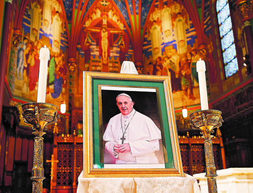 Trent Nelson  |  The Salt Lake Tribune
A portrait of Pope Francis on display at a Mass to pray for him at the Cathedral of the Madeleine, Tuesda,y March 19, 2013, in Salt Lake City.