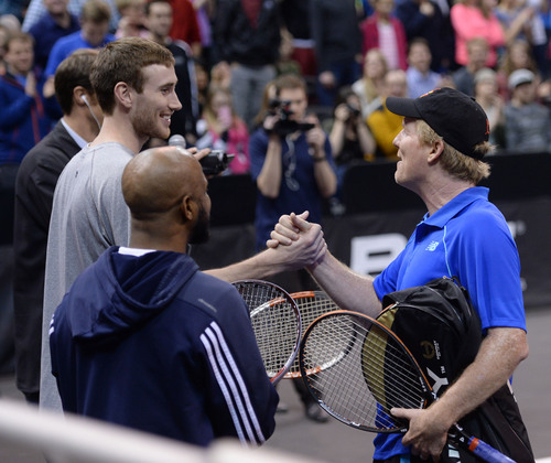 Steve Griffin  |  The Salt Lake Tribune


Utah Jazz player Gordon Hayward shakes hands with Jim Courier during the Champions Challenge tournament, a 12-city tour, at EnergySolutions Arena Tuesday night. in Salt Lake City, Utah Tuesday, February 25, 2014.