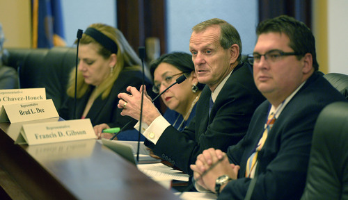 Al Hartmann  |  The Salt Lake Tribune 
Members of the House Special Investigative Committee, Rep. Jennifer Seelig, left,  Rep. Rebecca Chavez-Houck, Rep. Brad Dee and Rep. Francis Gibson, listen to recommendations for Utah's ethics and election laws from investigating former Attorney General John Swallow Wednesday February 12.