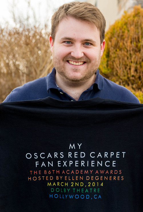 Trent Nelson  |  The Salt Lake Tribune
West Jordan resident Drew Stelter with a shirt he had printed after winning a drawing for tickets to the bleachers for the red carpet at the Academy Awards on Sunday.