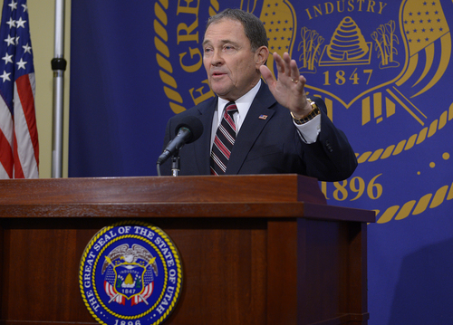 Scott Sommerdorf   |  The Salt Lake Tribune
Utah Governor Gary Herbert announced that he will choose to reject full medicaid expansion, and instead seeks a block grant to help cover poorest Utahns, Thursday, Feb. 27, 2014.