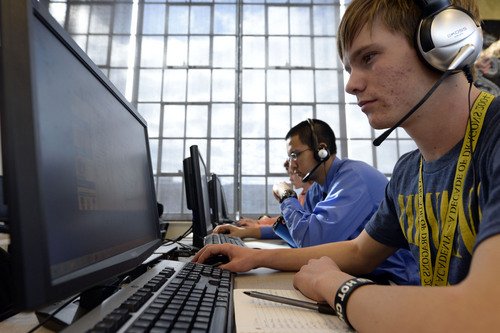 Francisco Kjolseth  |  The Salt Lake Tribune
Jaden Farr, 16, joins other students at DaVinci Academy, 2033 Grant Ave, in Ogden, as they take online Spanish on Friday, Feb. 21, as part of their "blended" learning program. Blended learning means the student is a traditional student who also takes some classes online, for instance language classes or other subjects that allow them to get caught up or move ahead.