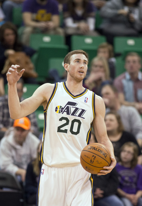 Lennie Mahler  |  The Salt Lake Tribune
Utah Jazz guard Gordon Hayward slaps the ball in frustration with a call in the first half of a game Saturday, Feb. 22, 2014, in Salt Lake City.