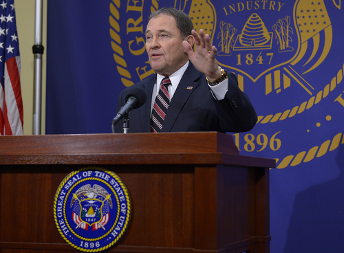 Scott Sommerdorf   |  The Salt Lake Tribune
Utah Governor Gary Herbert announced that he will choose to reject full medicaid expansion, and instead seeks a block grant to help cover poorest Utahns, Thursday, Feb. 27, 2014.