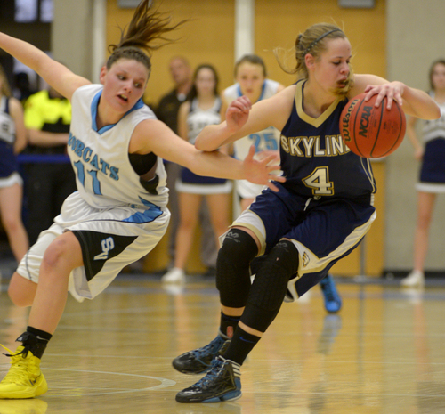 Rick Egan  | The Salt Lake Tribune 


Lindsey Jensen (11), Sky View
goes for the ball, as Sydnee Taylor (4), Skyline takes control, in prep girls state basketball action, Skyline vs. Sky View, Monday, February 24, 2014.