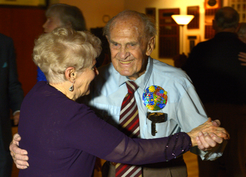 Rick Egan  | The Salt Lake Tribune 

Karl Tinggaard dances with Margie Ross, as he celebrates his 100th birthday dancing at the Heritage Center in Murray, like he does every Thursday, on Thursday, February 27, 2014.
