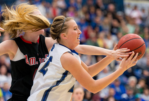 Trent Nelson  |  The Salt Lake Tribune
American Fork's Maile Richardson knocks the ball away from Fremont's Amanda Wayment as Fremont faces American Fork High School in the 5A girls high school basketball tournament's state championship game in Taylorsville, Saturday, March 1, 2014.