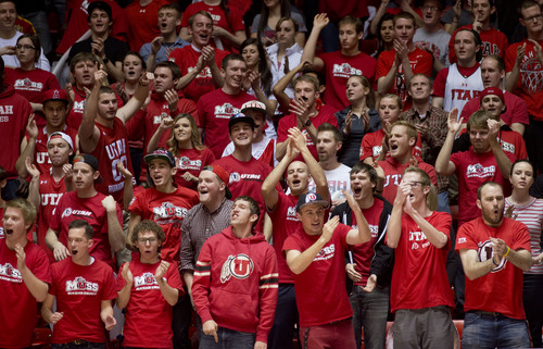 Lennie Mahler  |  The Salt Lake Tribune
Fans in the student section cheer on the Utes against Colorado at the Huntsman Center, Saturday, March 1, 2014.