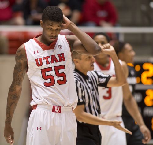 Lennie Mahler  |  The Salt Lake Tribune
Utah's Delon Wright appears frustrated with a foul call in the second half against Colorado at the Huntsman Center, Saturday, March 1, 2014.
