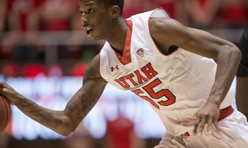 Lennie Mahler  |  The Salt Lake Tribune
Utah's Delon Wright brings the ball up the court in the second half against Colorado at the Huntsman Center, Saturday, March 1, 2014.