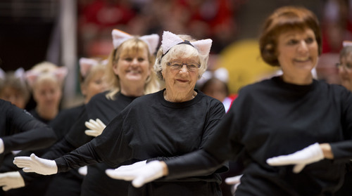 Lennie Mahler  |  The Salt Lake Tribune
Dancers with Jean's Golden Girls peform at halftime of a game between Utah and Colorado at the Huntsman Center, Saturday, March 1, 2014.