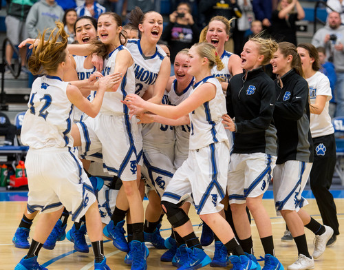 Trent Nelson  |  The Salt Lake Tribune
Fremont players celebrate their state championship as Fremont defeats American Fork High School in the 5A girls high school basketball tournament's state championship game in Taylorsville, Saturday, March 1, 2014.