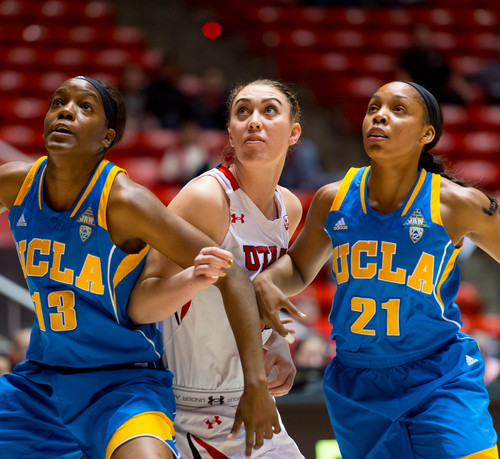 Trent Nelson  |  The Salt Lake Tribune
UCLA Bruins center Luiana Livulo (13), Utah Utes forward Wendy Anae (21) and UCLA Bruins guard Nirra Fields (21) look for a rebound as the University of Utah hosts UCLA, NCAA women's basketball at the Huntsman Center in Salt Lake City, Sunday, March 2, 2014.