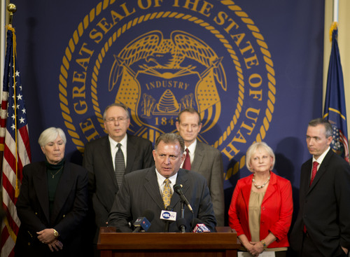 Lennie Mahler  |  The Salt Lake Tribune
Sen. Curt Bramble speaks to the media in front of other Utah lawmakers and Count My Vote leaders in a press conference announcing a deal at the Capitol on Sunday, March 2, 2014.