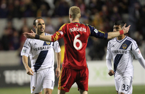 Francisco Kjolseth  |  The Salt Lake Tribune
Los Angeles Galaxy midfielder Landon Donovan (10) argues with Real Salt Lake defender Nat Borchers (6) as RSL takes on the LA Galaxy in the second game of the  Western Conference semifinal at Rio Tinto Stadium in Sandy UT, on Thursday, Nov. 7, 2013.