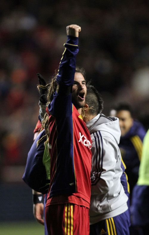 Francisco Kjolseth  |  The Salt Lake Tribune
Real Salt Lake midfielder Kyle Beckerman (5) celebrates a win in doube overtime after taking on the LA Galaxy in the second game of the  Western Conference semifinal at Rio Tinto Stadium in Sandy UT, on Thursday, Nov. 7, 2013.