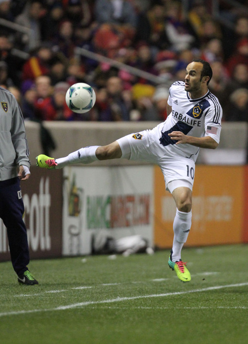 Francisco Kjolseth  |  The Salt Lake Tribune
Los Angeles Galaxy midfielder Landon Donovan (10) tries to keep it inbounds as RSL takes on the LA Galaxy in the second game of the  Western Conference semifinal at Rio Tinto Stadium in Sandy UT, on Thursday, Nov. 7, 2013.