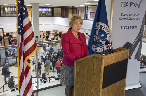 Lennie Mahler  |  The Salt Lake Tribune
Lorie Dankers, Public Affairs Manager with the Department of Homeland Security, speaks to the media about the new TSA Pre-Check Enrollment Center in Salt Lake City International Airport, Tuesday, March 4, 2014. Enrollment grants passengers an ID number for $85 that allows access to the expedited security line for five years.