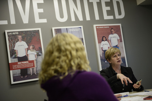 Francisco Kjolseth  |  The Salt Lake Tribune
Deborah Bayle, CEO of United Way, leads a senior management meeting on Monday, March 3, 2014. A Utah Valley University study looks at the number of women in leadership positions for non-profit companies.