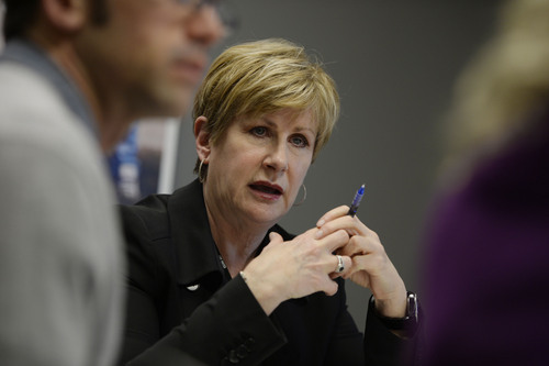 Francisco Kjolseth  |  The Salt Lake Tribune
Deborah Bayle, CEO of United Way, leads a senior management meeting on Monday, March 3, 2014. A Utah Valley University study looks at the number of women in leadership positions for non-profit companies.