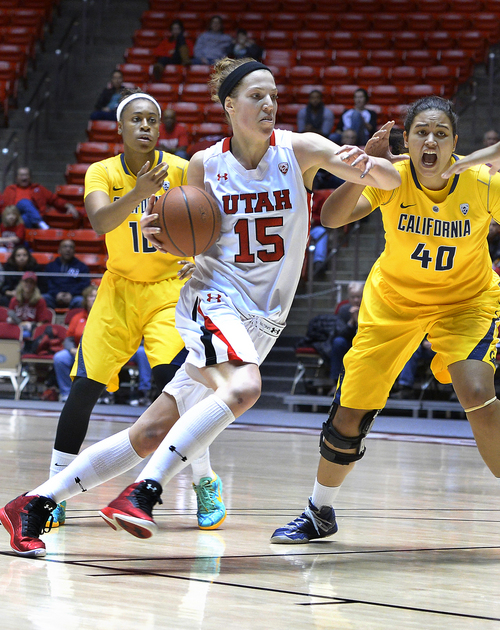 Scott Sommerdorf   |  The Salt Lake Tribune
Cal's Justine Hartman yells, looking for help on defense as Utah's Michelle Plouffe drives the lane during first half play. The Utah women trailed California 34-29 at the half, Sunday, January 12, 2014.