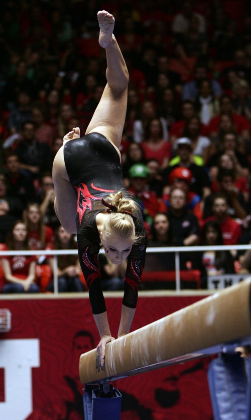 Kim Raff  |  The Salt Lake Tribune
Utah gymnast Georgia Dabritz performs her routine on the beam during a meet against Florida at the Huntsman Center in Salt Lake City on March 16, 2013. Utah went on to beat Florida in the meet.