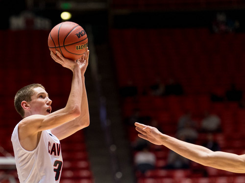 Trent Nelson  |  The Salt Lake Tribune
American Fork's Spencer Johnson hits a three-pointer as Brighton faces American Fork High School in the 5A state boys basketball tournament at the Huntsman Center in Salt Lake City, Thursday, March 6, 2014.