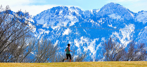 Al Hartmann  |  The Salt Lake Tribune 
People like this runner came out of hibernation in Sugarhouse Park Sunday March 9 to take in this contrasting time of year in Salt Lake City when valley temperatures are warm and mild and fresh snow cover the Wasatch peaks.