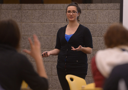 Leah Hogsten  |  The Salt Lake Tribune
South Valley Sanctuary community educator Julie Ann Bowden talks with male and female students about signs of unhealthy and potentially abusive relationships to be aware of in friends and dating partners. 
Alta High students kicked off the inaugural Women in Action club leadership seminar Saturday, March 8, 2014, a pilot program connected to Rutgers University's "Women in Politics" leadership program.