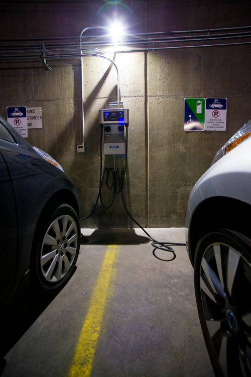 Trent Nelson  |  The Salt Lake Tribune
An electric vehicle charging station at the Salt Lake County Government Center, in Salt Lake City, Friday, March 7, 2014.