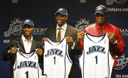 The Utah Jazz introduce their latest draft picks, which include Dee Brown, Ronnie Brewer and Paul Millsap, from left, after being flown into town for Thursday's announcement at the Jazz training facility in Salt Lake.    Photo by Francisco Kjolseth/The Salt Lake Tribune 6/29/2006
