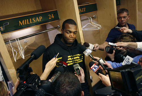 Scott Sommerdorf   |  The Salt Lake Tribune
Paul Millsap answers questions at his locker. After losing in Memphis, and missing the playoffs, the Utah Jazz cleaned out their lockers and met with the press, Thursday, April 18, 2013.