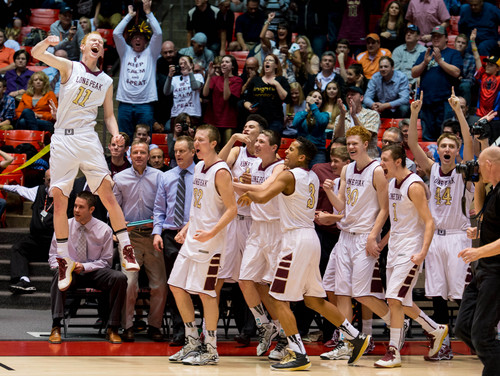 Trent Nelson  |  The Salt Lake Tribune
Lone Peak's TJ Haws and teammates celebrate victory as Lone Peak defeats Pleasant Grove High School in the 5A state championship boys basketball game at the Huntsman Center in Salt Lake City, Saturday, March 8, 2014.