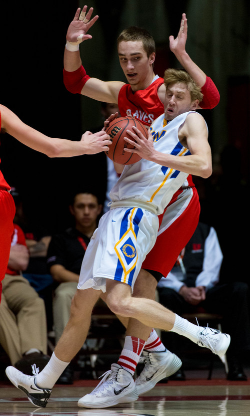 Trent Nelson  |  The Salt Lake Tribune
Orem's Cooper Holt with the ball, as Bountiful's Jeff Pollard defends, as Bountiful faces Orem High School in the 4A state championship boys basketball game at the Huntsman Center in Salt Lake City, Saturday, March 8, 2014.