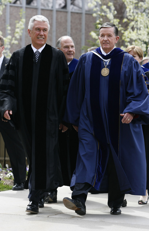 Rick Egan  |  The Salt Lake Tribune  

L-R President Dieter F. Uchtdorf and BYU President Cecil O. Samuelson, president of BYU lead the procession of graduates to the Marriott Center for commencement on Thursday, April 23, 2009.