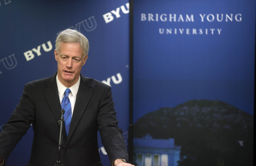 Keith Johnson | The Salt Lake Tribune

Kevin J. Worthen J.D., former dean of the J. Reuben Clark Law School and current advancement vice president of Brigham Young University, addresses the media after it was announced during a devotional at the Marriott Center that he will become the 13th president of BYU beginning May 1, 2014.