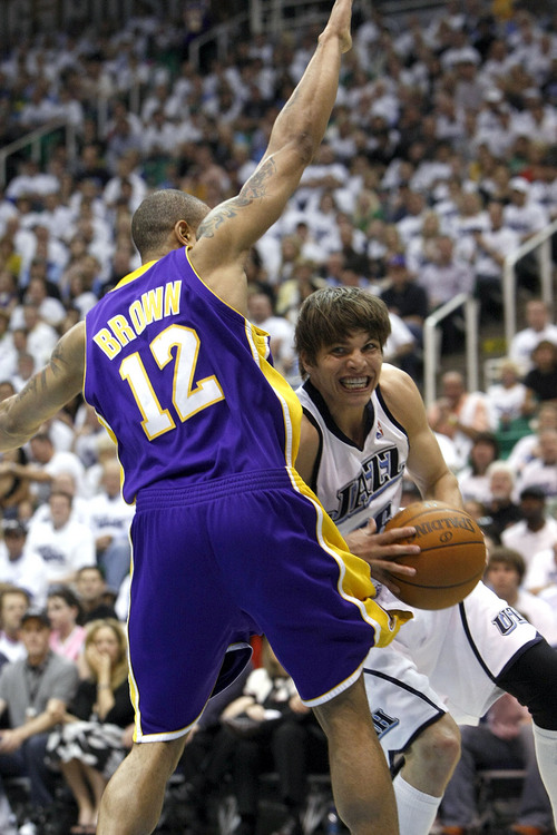 Chris Detrick | The Salt Lake Tribune

Utah Jazz's Kyle Korver (26) drives against Los Angeles Lakers' Shannon Brown (12) as the Jazz face the Lakers in the game three of the second round of the playoffs at EnergySolutions Arena Saturday, May 8, 2010.