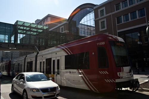 Chris Detrick  |  The Salt Lake Tribune
A Utah Transit Authority TRAX train runs through downtown Salt Lake City.