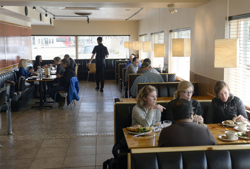 Al Hartmann  |  The Salt Lake Tribune 
Sage's Cafe, one of Utah's most popular vegetarian restaurants has reopened at a new location at 234 West 900 South, (formerly the Jade Cafe.)  Relaxed dining area is bright with earth tone colors.