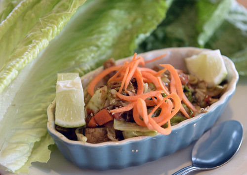Al Hartmann  |  The Salt Lake Tribune 
Asian Lettuce Wraps at Sage's Cafe, one of Utah's most popular vegetarian restaurants.  It has reopened at a new location at 234 West 900 South, (formerly the Jade Cafe.)