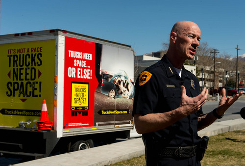 Trent Nelson  |  The Salt Lake Tribune
Salt Lake City Police Chief Chris Burbank speaks a press conference on  Friday announcing a campaign telling drivers to give trucks more space.