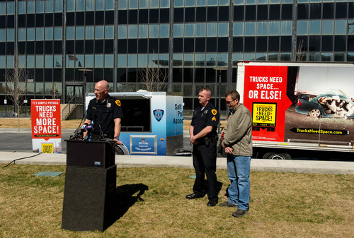 Trent Nelson  |  The Salt Lake Tribune
At a press conference Friday, March 14, 2014, Salt Lake City police announced a campaign telling drivers to give trucks more space. Chief Chris Burbank, Sgt. Thomas Potter and veteran truck driver Christopher Smith spoke.