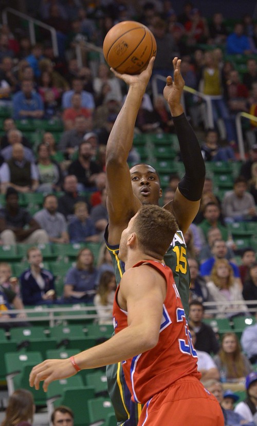 Leah Hogsten  |  The Salt Lake Tribune
Utah Jazz center Derrick Favors (15) has 10 point in the first half. Utah Jazz lead the Los Angeles Clippers 51-43 at the half during their game, Friday, March, 14, 2014 at Energy Solutions Arena.