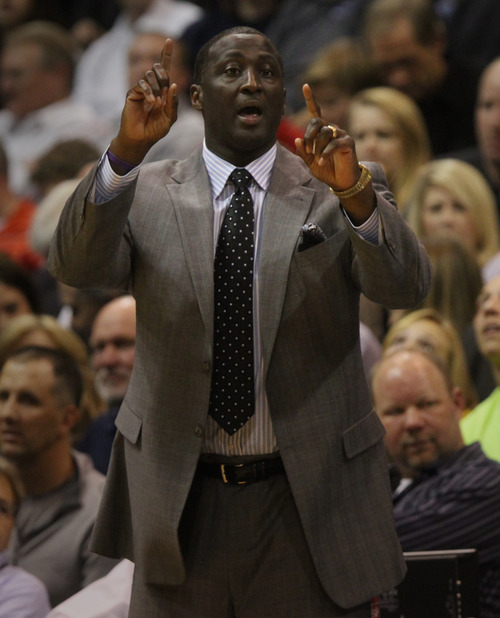 Rick Egan  | The Salt Lake Tribune 

Utah Jazz head coach Tyrone Corbin gives shouts instructions to his team, in NBA action. The Los Angeles Clippers beat the Jazz 105-104, in Salt Lake City, Monday, December 3, 2012.