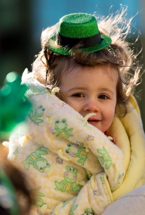 Trent Nelson  |  The Salt Lake Tribune
Blythe Edmunds braves the cold at the St. Patrick's Day Parade at The Gateway in Salt Lake City on Saturday.