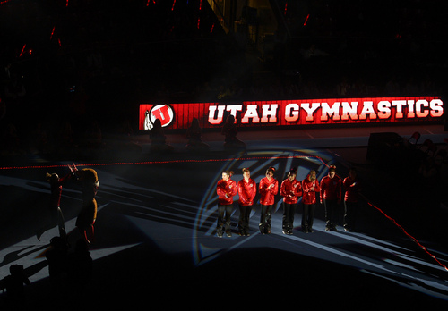 Rick Egan  | The Salt Lake Tribune 

The Utah Red Rocks are announced before  gymnastics action, Utah vs. Georgia, Saturday, March 15, 2014.