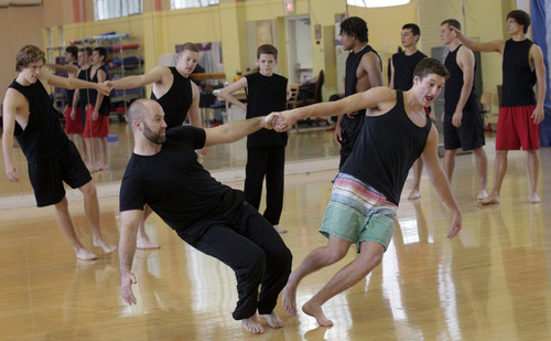 Al Hartmann  |  The Salt Lake Tribune
Judge Memorial Catholic High School dance teacher Nathan Shaw teaches a class for boys. Most of them are school athletes competing in football, basketball and lacrosse. The class requires strength, flexibility, body control and balance.