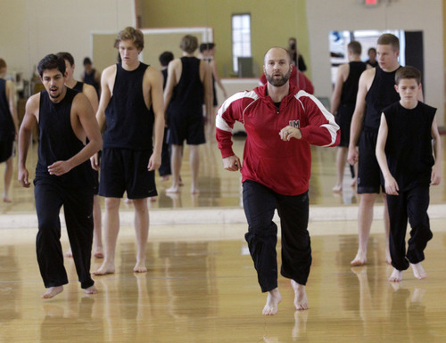 Al Hartmann  |  The Salt Lake Tribune
Judge Memorial Catholic High School dance teacher Nathan Shaw teaches a class for boys  Most of them are school athletes competing in football, basketball and lacrosse. The class requires strength, flexibility, body control and balance.